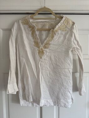 Lily Pulitzer White Embroidered V-Neck Linen Tunic
